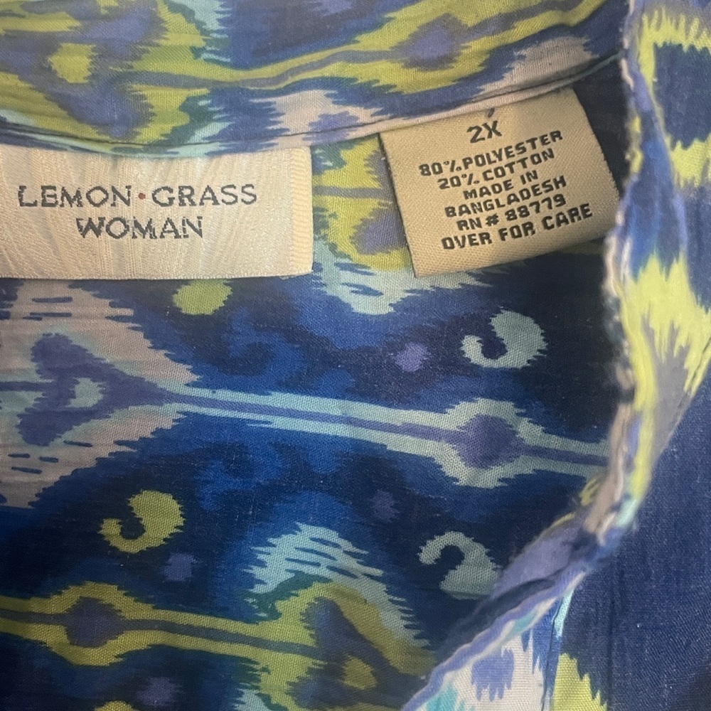 LEMON GRASS WOMAN 2X Blue and Green Button Down Blouse Preworn Great Condition - Picture 5 of 15